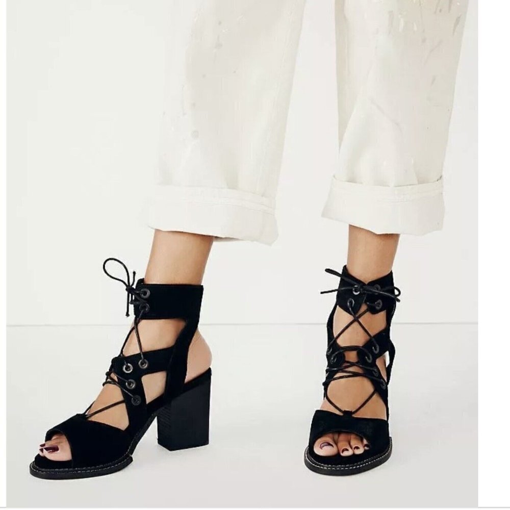 Free People LENNON Black Suede Lace-Up Gladiator Block Heel Sandal